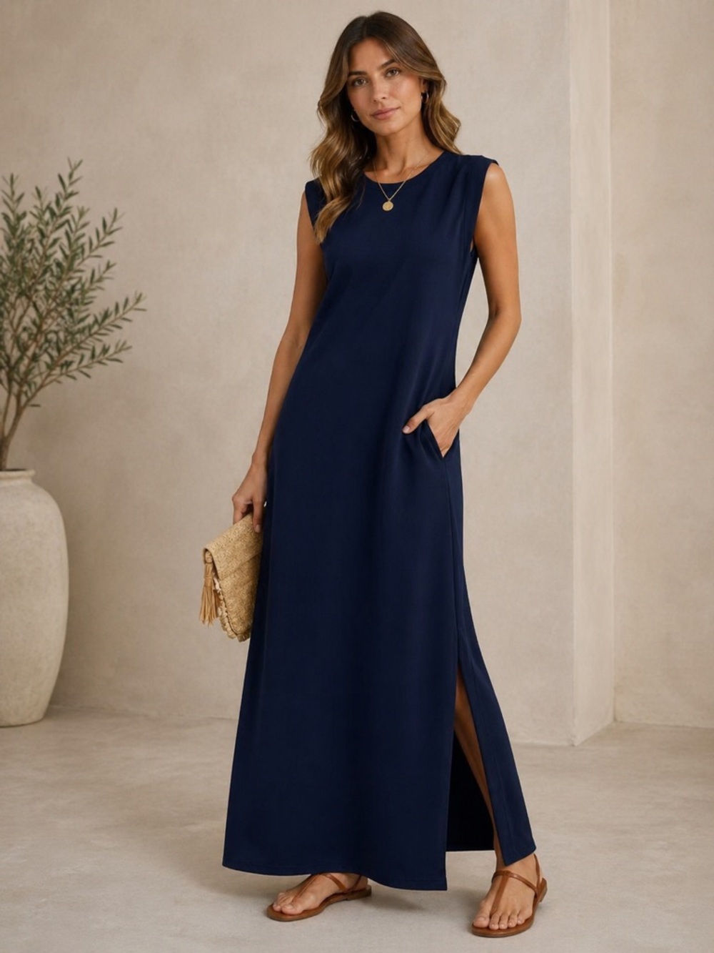 NWT GRECERELLE Navy Sleeveless Maxi Dress Slits Size Small NEW!